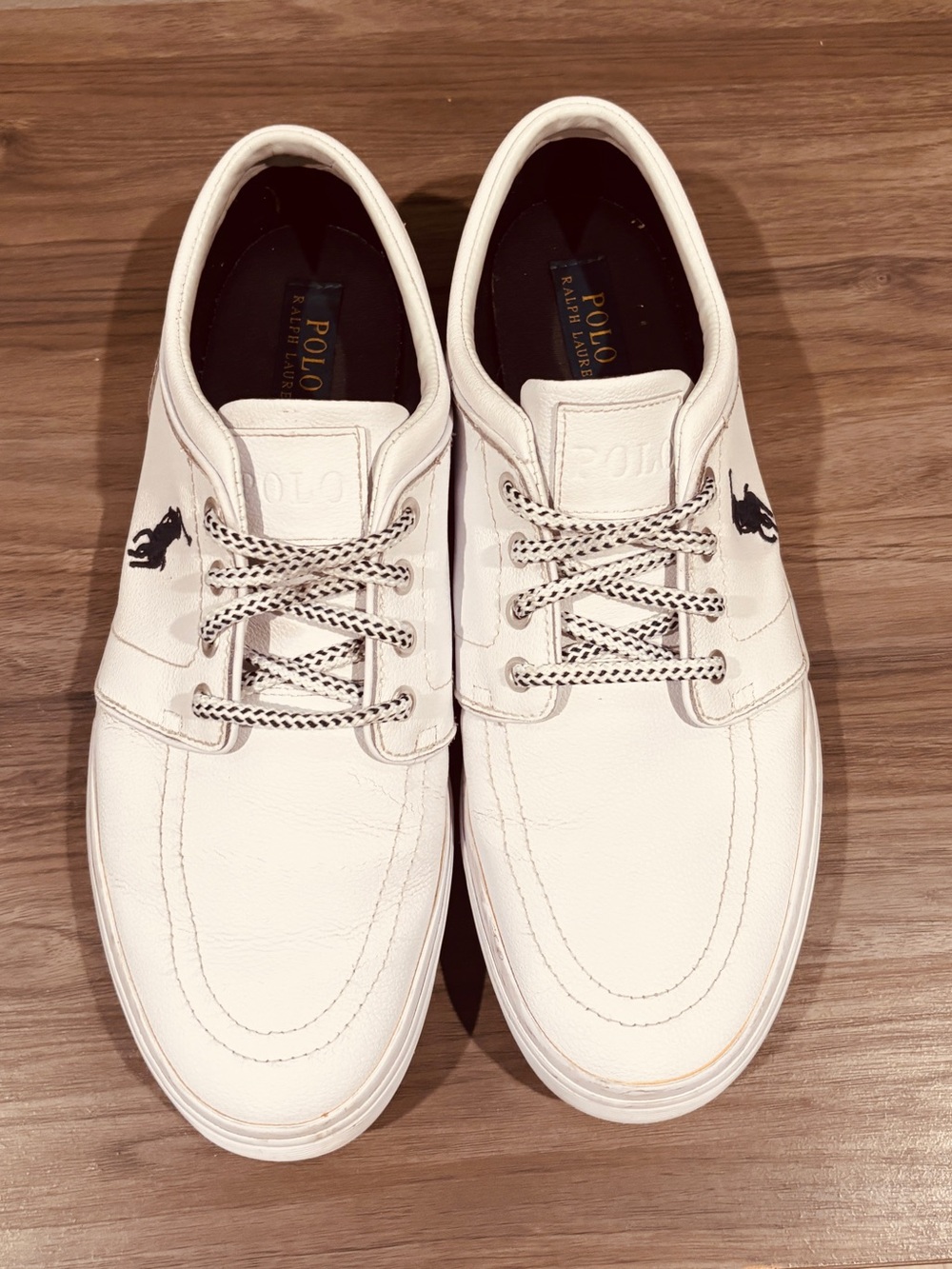 Ralph Lauren Men’s White Leather Polo Sneakers Navy Logo Preppy Casual Classic
